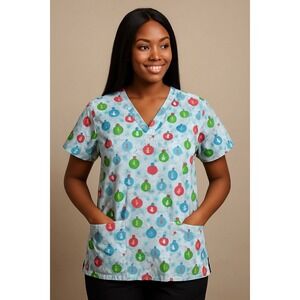 Vintage Cassandra O Uniform Shirt Adult‎ Large Blue Festive Ornament Scrub Top